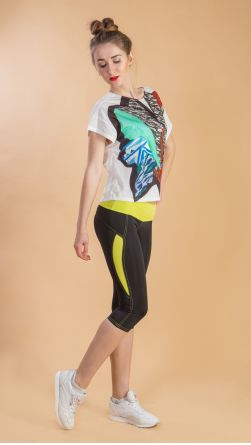 Спортивные леггинсы расшитые, со вставкой, цвет: черные с желтым