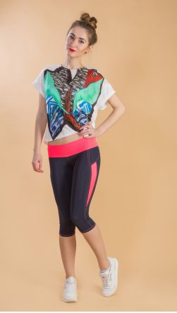 Спортивные леггинсы расшитые, со вставкой, цвет: синие с розовым