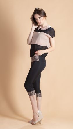 Легинсы бежевый гипюр, цвет: черный